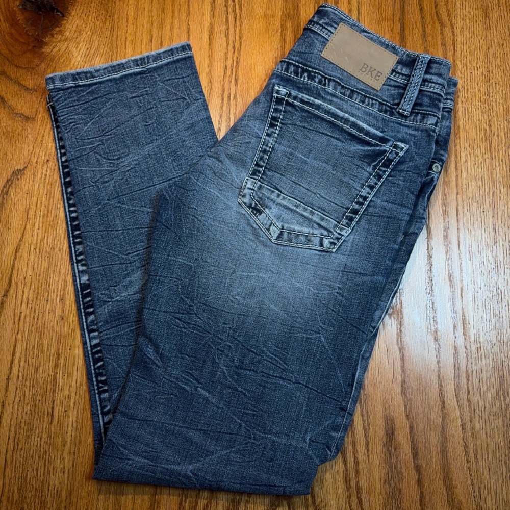BKE Jake Jeans Mens 30x31 Dark Wash Straight Leg Whiskered Crinkle Denim